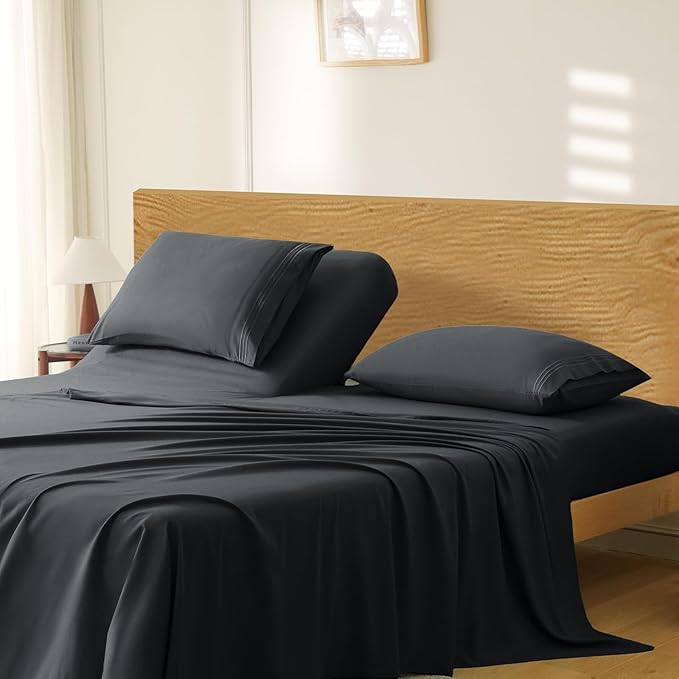 Manyshofu 4 Piece Split Head King Sheets Sets for Adjustable Bed Sheet, Flex Head Split Top King Sheets Black Sheet Set - 1800 Thread Count Bedding Set with 14-16 Inch Deep Pockets
