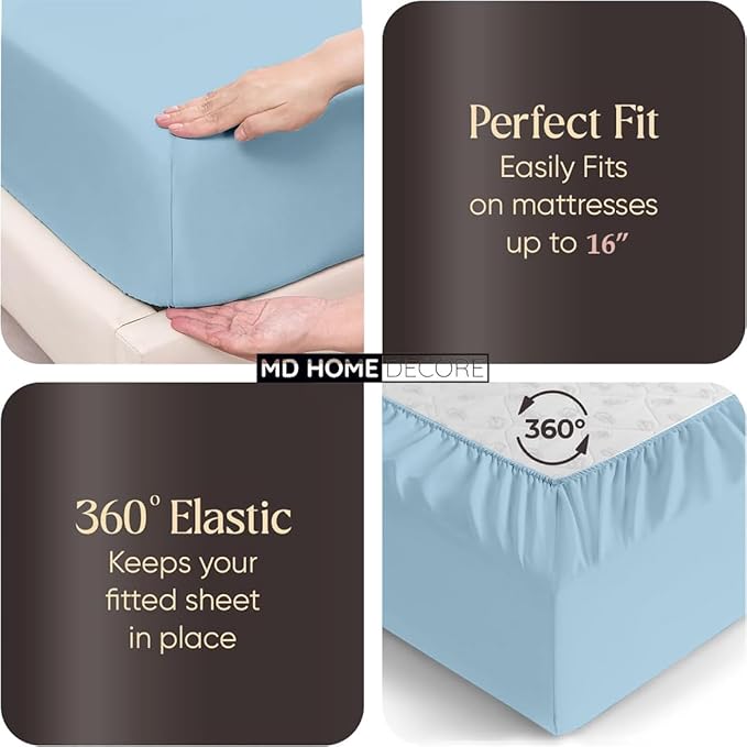 Top Split Flex Head King Size Sheet Set, 34" Top Split Sheets, Sheet Sets for Adjustable Beds, Egyptian Cotton, 16 Inch Deep Pocket, Light Blue, Solid