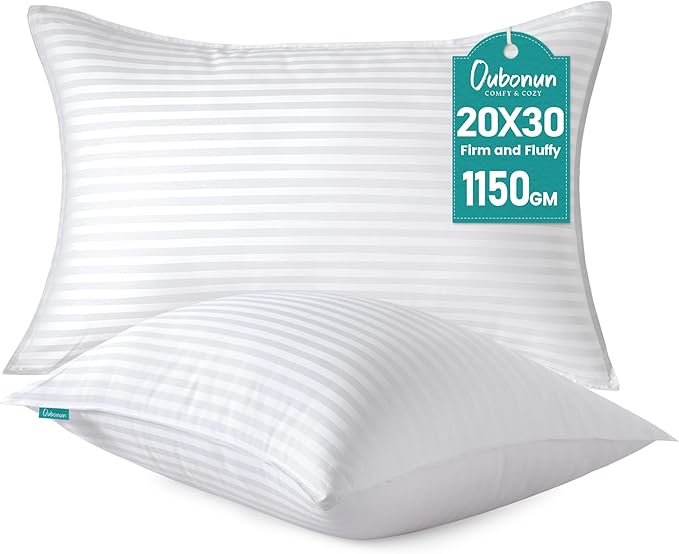Oubonun Queen Size Pillows Set of 2 - Fluffy & Supportive Down Alternative Pillows with Zippered Cotton Cover - Breathable and Cool for All Sleeping Positions - Machine Washable - 20"x30"