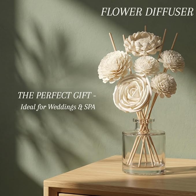 Reed Diffuser Flower Sticks, Sola Wood Flowers & Rattan Diffuser Sticks, Home Bathroom Aromatherapy Decor, 7pcs Sola Flowers 10 pcs Diffuser Rattan (2-3.5 Inches, White)