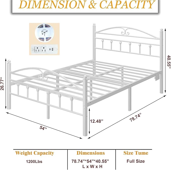12 Inch Full Size Bed Frame with Charging Station,White Metal Platform Bed Frame with LED Lights,Heavy Duty Metal Steel Slats Support,No Box Spring Needed,Noise Free,Easy to Assemble