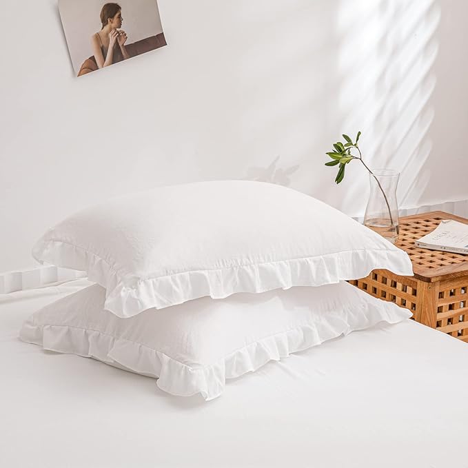 Merryword White Pillowcases Standard, Cute 20x26inch Pillowshams Set of 2, Solid Ruffled Fringe Pillow Cover, White Shabby Chic Pillowcases 2 Pack