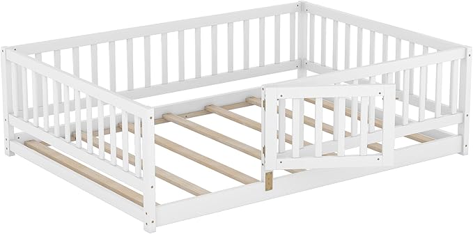 Bellemave Twin Size Montessori Floor Bed with 21.5" High Rails and Slats, Pine,Plywood Floor Bed with Small Door, Natural