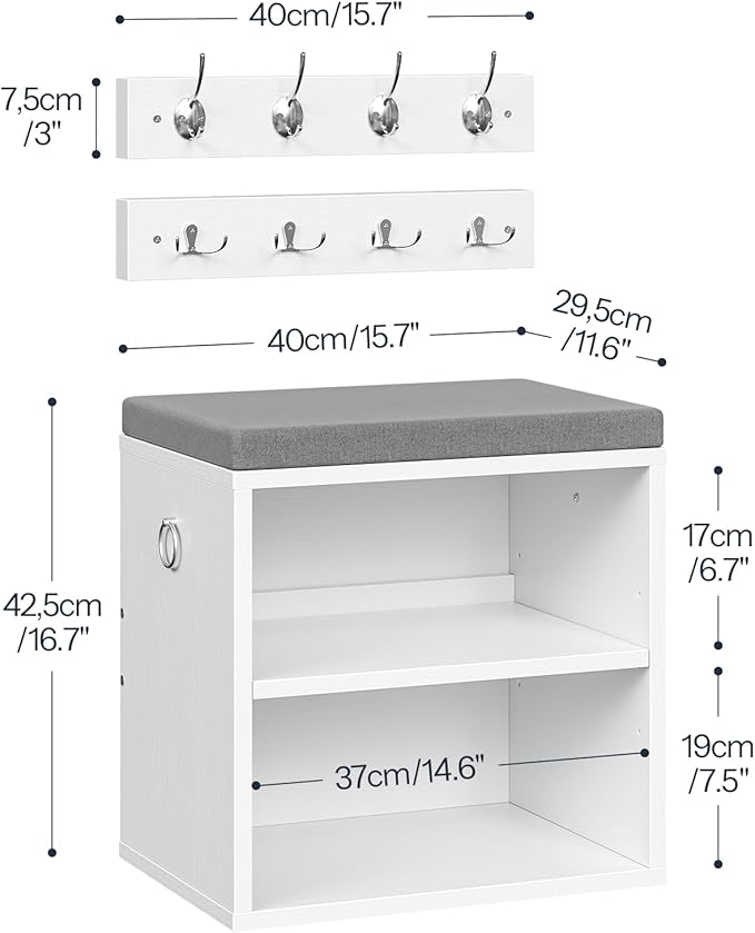 HOOBRO Shoe Storage Bench with Cushion, Entryway Bench with Coat Rack Set, Small Shoe Storage Organizer with Adjustable Shelf, for Narrow Hallway Foyer, Bedroom, White and Gray WG28HX01