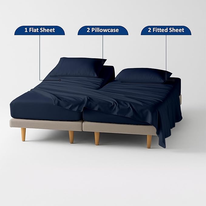 5 Piece Split Cal King Sheet Set, 100% Egyptian Cotton, 16 Inch Deep Pockets, Navy Blue Solid, Soft Cooling Sheets for Adjustable Beds, Sleep Number Beds, Split Cal King Mattress Sheet Set