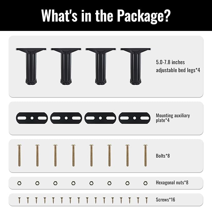 YHK 4PCS Adjustable Height Bed Support Legs 5.0-7.8inch, Heavy Duty Bed Frame Support Legs for Bed Slat and Frame, Plastic Bed Frame Support Replacement Bed Support Reinforcement Parts