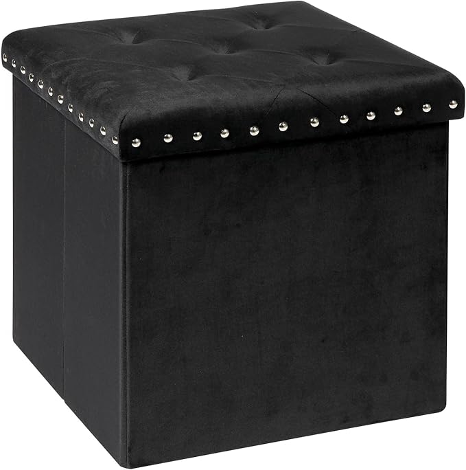 PINPLUS Black Folding Storage Ottoman Cube, Small Velvet Tuffed Foot Rest Stool with Rivet Design, Padded Seat for Living Room, Shoes Box Chest for Bedroom Vanity Area, 15.7inches