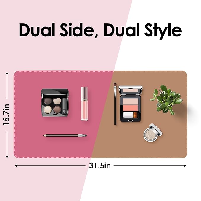 Makeup Mat for Vanity to Protect Desk Top 23.6 x 11.8 in, Dual-Sided Makeup Mat, Easy to Clean Desk Pad - Waterproof and Oilproof Vanity Accessories (Hot Pink and Khaki)