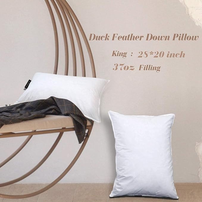 JA COMFORTS Duck Feather Down Bed Pillows for Sleeping(2 Packs)-Standard/Queen,High Filling Weight,600 Thread Count,Double-Layer Downproof Fabric Design,10% Duck Down,Cotton Cover,White