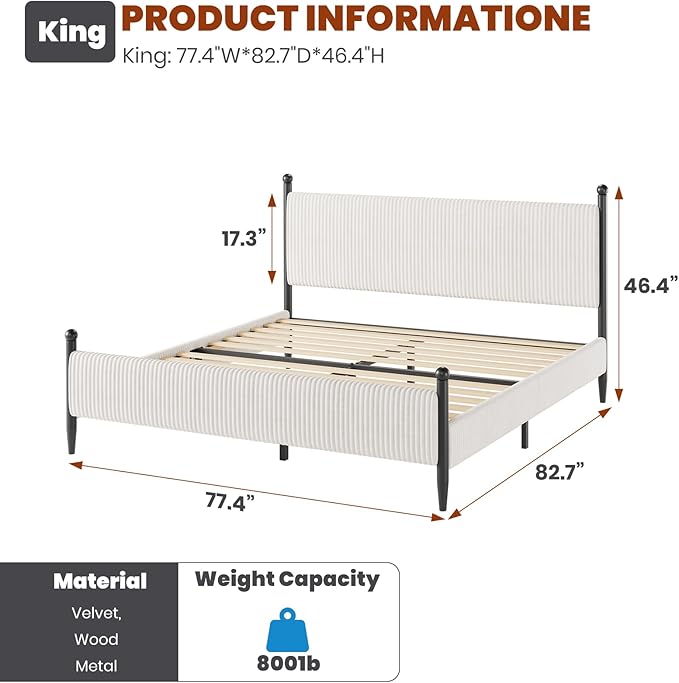 Garvee King Size Upholstered Bed Frame - with Velvet Headboard, Soft Corduroy Fabric Platform with Wooden Slats Support & Heavy Duty Feet, No Box Spring Needed, Noise Free, Easy Assembly, White
