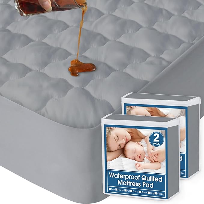 Twin Mattress Protector Pad Waterproof Quilted, Breathable & Cooling Twin Size Mattress Cover Fitted for Kids with Deep Pocket Up to 14" for Single Bed, 2 Pack (Gray)