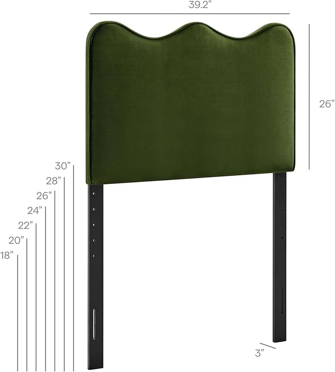 Monday Athena Twin Size Performance Velvet Adjustable Headboard in Moss Green - with Scalloped Wave Design and Stain-Resistant Velvet Upholstery