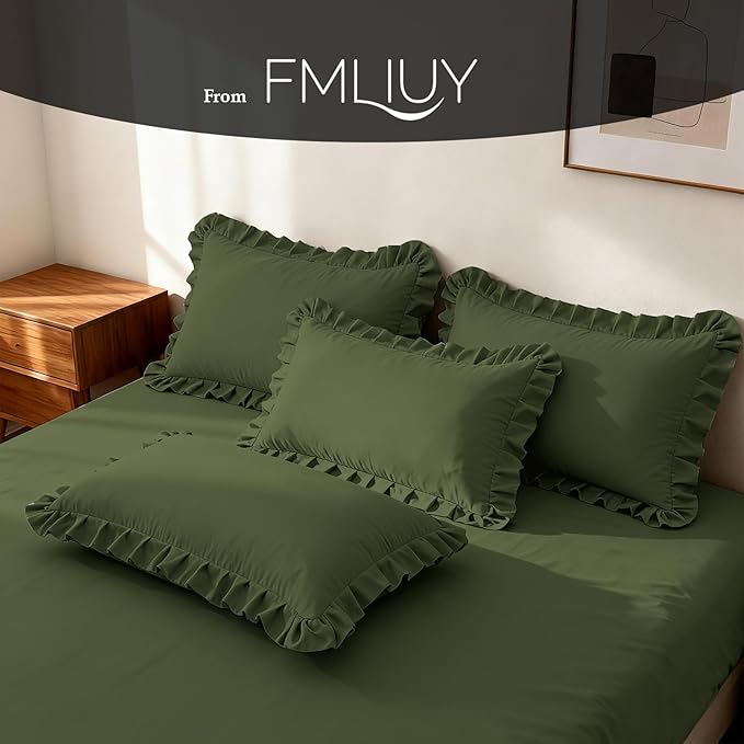 Ruffle Pillow Cases Queen Size Set of 2 – Soft Wrinkle Resistant Brushed Microfiber Ruffled Pillowcases –Envelope Pillow Shams Cover Festive Gift for Hotels,Guest Rooms 20x30 Inch (Olive Green)