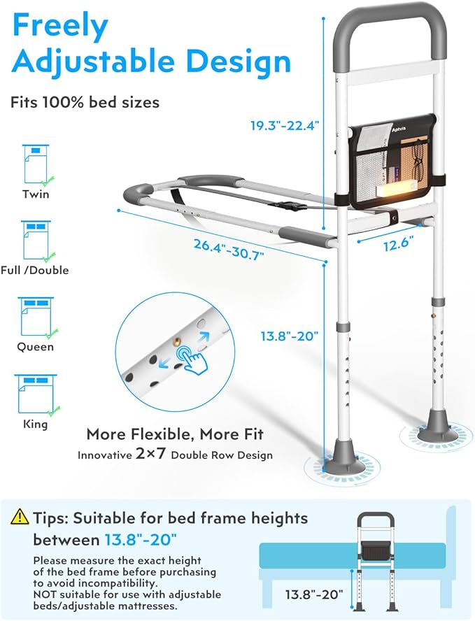 Bed Rails for Elderly Adults Safety - ASTM Compliant, 350 lb Heavy Duty Bed Assist Rail for Seniors, Adjustable Bed Cane with Non Slip Handle, Light & Pouch, Fits Twin Full Queen King Grey