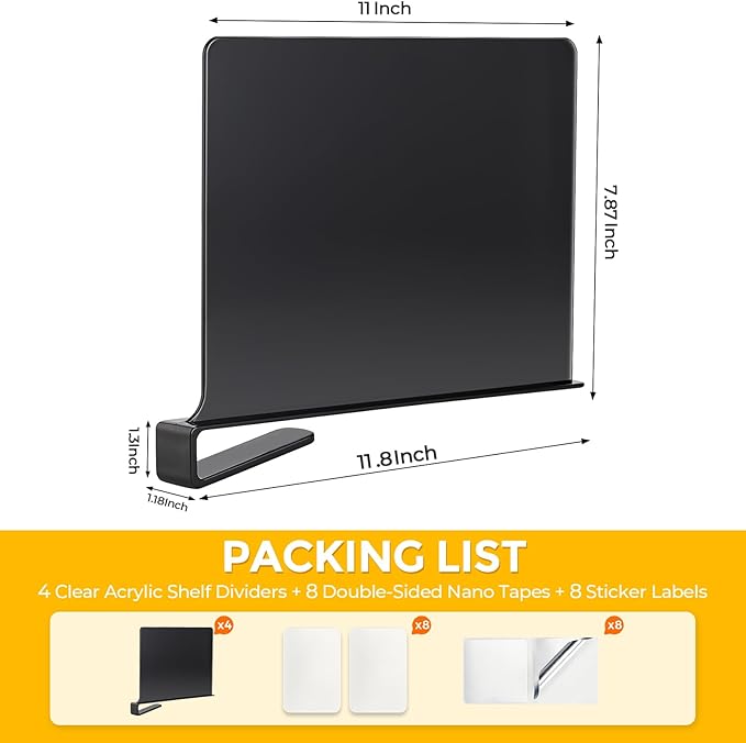 JOY DECOR 8 Pack Acrylic Matte Black Shelf Dividers for Closets Organizer and Storage Adjustable Vertical Wood Shelf Closet Separators for Clothes,Book,Bags in Bedroom and Kitchen