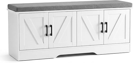 DUMOS Storage Bench, Shoe Organizer Cabinet with Thickened Padded Seat Cushion, Entryway Bench with 4 Doors & Adjustable Shelf for Hallway, Bedroom, Living Room, 47 inch, White