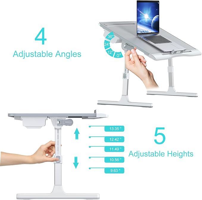 KLEAR Laptop Bed Tray Desk, Foldable and Adjustable Lap Table with Heights and Angles, Upgraded-Sturdy Laptop Lap Desk for Bed/Sofa/Couch/Floor (2 Drawers, Grey)