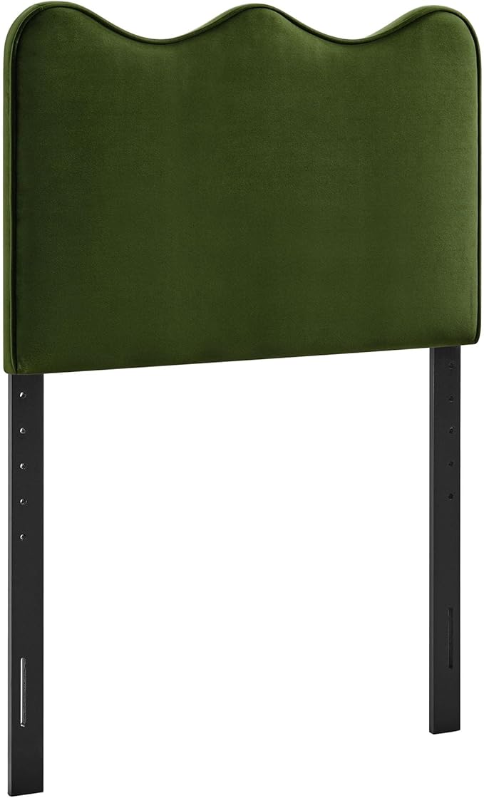Monday Athena Twin Size Performance Velvet Adjustable Headboard in Moss Green - with Scalloped Wave Design and Stain-Resistant Velvet Upholstery