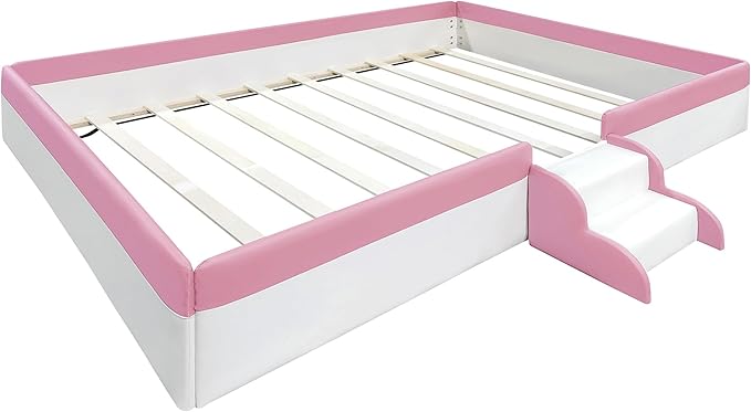 Merax Full Size Daybed Frame with Fence, Stairs, Upholstered Wood Bed for Living Room, Floor Bed, White+Pink