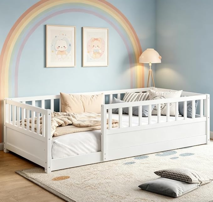Bellemave Twin Floor Bed with high Fence, Solid Pine Wood Montessori Bed for Kids Girls Boys Floor Bed Frame, White with slats