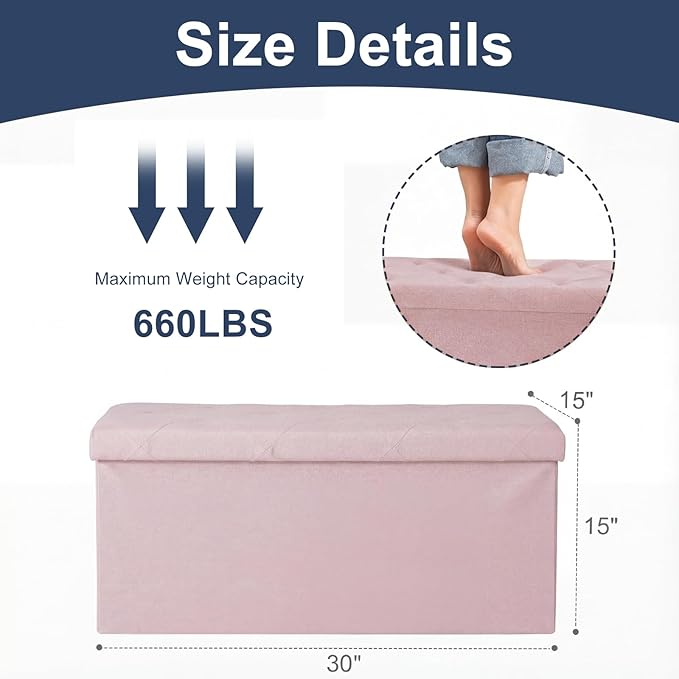DUMOS Storage Ottoman Bench, 30in Storage Bench Foot Rest Stool with Padded Seat, Large End of Bed Bench for Bedroom, Living Room, Entryway, Support 660lbs, Pink