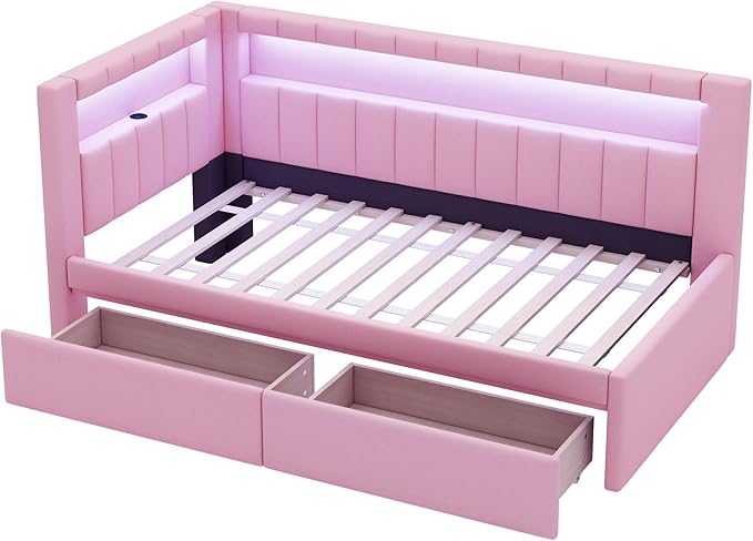 Merax Twin Size Modern Upholstered Platform Bed with USB Ports & Storage Drawers, Floor Sofa Daybed with Wood Slat Support, Storage Bed Frame with Headboard/Twin, Pink