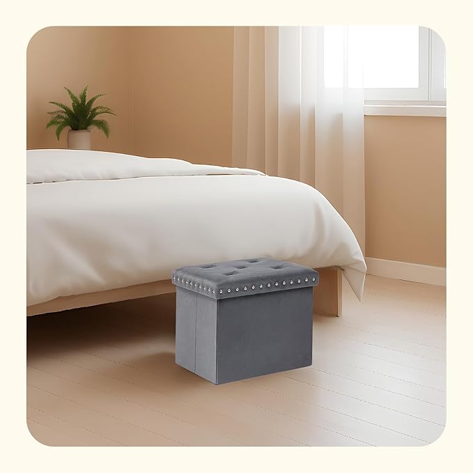 PINPLUS Storage Ottoman with Benches Foot Rest Stool, Folding Velvet Shoes Chest for Bedroom, Living Room, Grey,16.5"x12.6"x12.6"