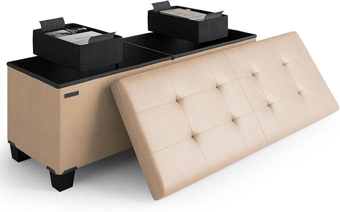 Storage Ottoman Bench with Bins, 43-in Storage Bench for Bedroom End of Bed, Folding Foot Rest Ottoman for Living Room Max 660lbs, Leather Ottomans, Taupe