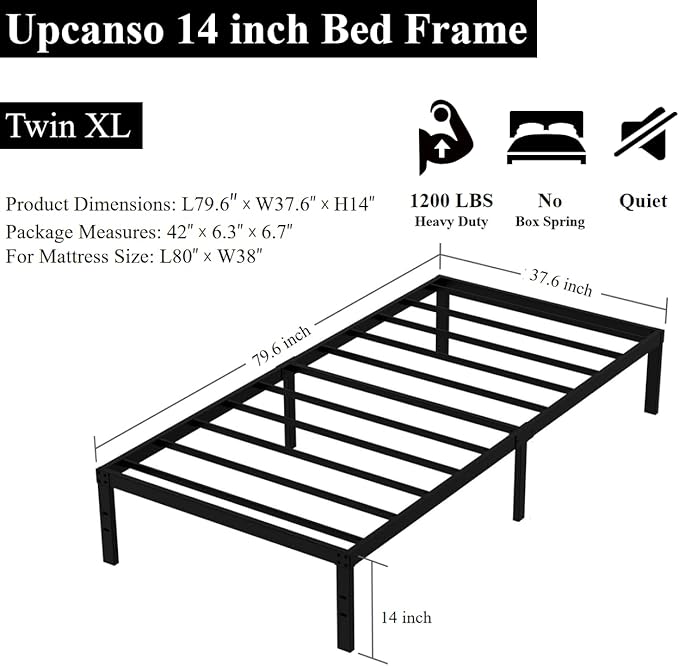 Upcanso Twin XL Bed Frame No Box Spring Needed, 14 Inch Heavy Duty Metal Platform Bed Frame Twin XL Size with Storage, 2500lbs Steel Slats Support, Easy Assembly, Black