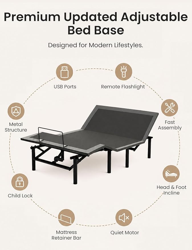 Full Size Adjustable Bed Base with Wireless Remote & USB Ports – Quiet Motor Heavy Duty 750lbs Capacity Bed Frame for Elderly Back Pain Relief, Foldable Design, Mattress Friendly Adjustable Base