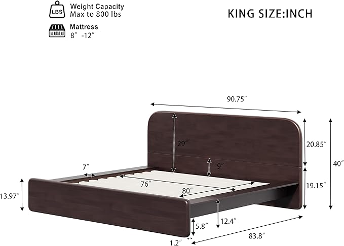 Merax Walnut King Size Platform Bed Frame, Modern Minimalist Wood Bed Frame with Rounded Headboard, Heavy Duty 800 lbs Support, No Box Spring Needed
