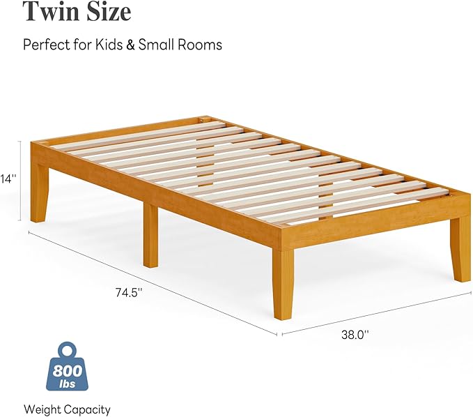 DUMOS 14 Inches Twin Size Wood Platform Bed Frame, Solid Wooden Mattress Foundation with Heavy Duty Wood Slat Support, Sturdy, No Box Spring Needed, Natural Pine