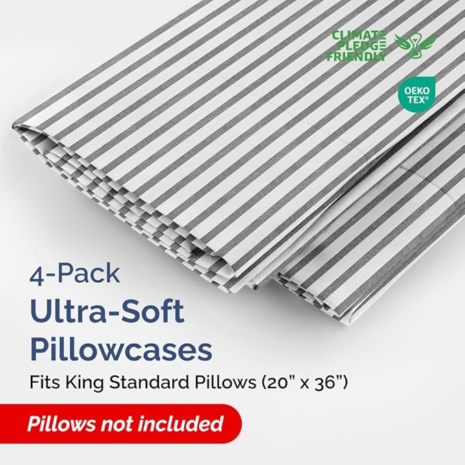 King Standard Pillow Cases Set of 4 - Soft Hotel Quality Pillowcase Covers - Comfy Bedding for Women, Men, Kids & Teens - Machine Washable Pillow Protectors - 4 Piece Set - King Standard Grey Stripes