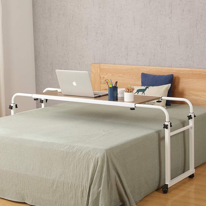 TigerDad Adjustable Overbed Table with Wheels, Mobile Laptop Desk on Wheels for King Queen Bed, Height Adjustable Rolling Computer Cart with Stand, Ancient Oak