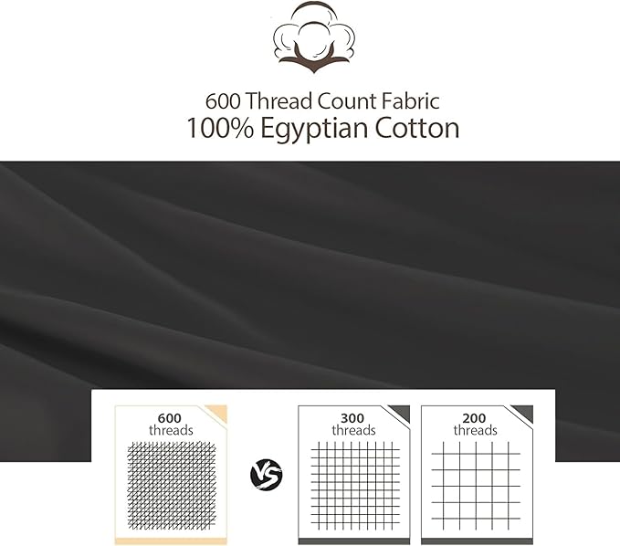 100% Egyptian Cotton Pillow Protectors Set of 4, 600 Thread Count Queen Size Bed Pillow Cases with Zipper, Sateen Weave Cooling Pillow Cases Quiet and Breathable Easy Care (4PCS, Queen, Black)