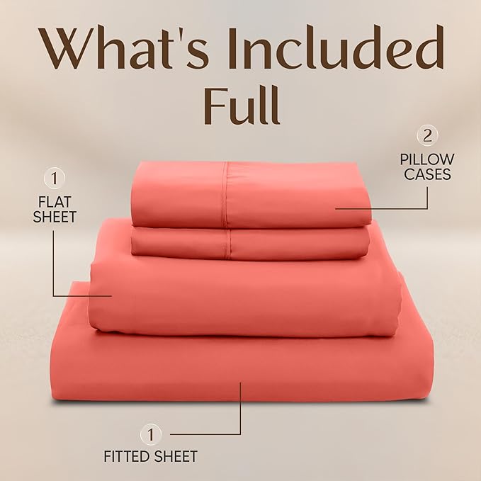 Utopia Bedding Full Size Sheet Set – 4 Piece Bed Sheets, Soft and Breathable Microfiber, Includes 1 Fitted Sheet, 1 Flat Sheet and 2 Pillowcases – Oeko Tex (Coral)