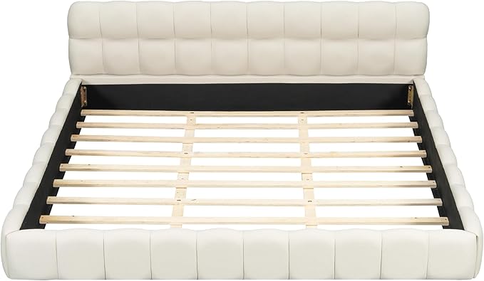 Merax Modern Tufted Platform Bed with Headboard King, Linen Upholstered Floor Bed Frame with Solid Frame, No Box Spring Needed, Beige