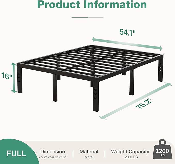 Novilla Bed Frame Full Size, 16 Inch Simplicity Metal Platform Full Size Bed Frame with Underbed Storage, No Box Spring Needed, Heavy Duty Steel Slat Support, for Bedroom, Guest Room, Noiseless