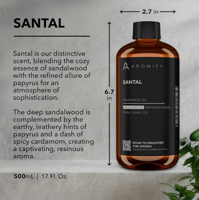 Santal Diffuser Oil, 16.9 FL Oz, 500 mL, Diffuser Fragrance Oil for Home, Bathroom & Office, Aromatherapy Blend of Natural Essential Oil, Sandalwood & Musk Scent.