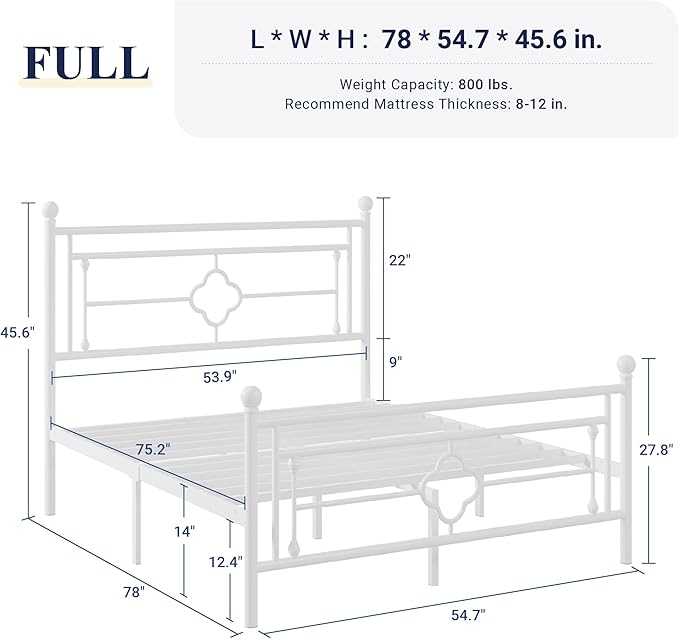 Allewie Full Size Metal Platform Bed Frame with Victorian Vintage Headboard and Footboard/Mattress Foundation/Under Bed Storage/No Box Spring Needed/Noise-Free/Easy Assembly, White