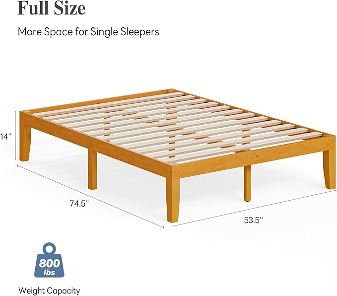 DUMOS 14 Inches Full Size Wood Platform Bed Frame, Solid Wooden Mattress Foundation with Heavy Duty Wood Slat Support, Sturdy, No Box Spring Needed, Natural Pine