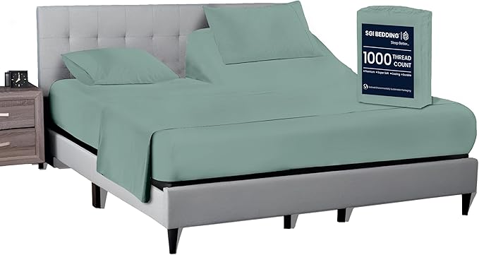 SGI bedding 36" King Split Top Flex Head Sheet 100% Egyptian Cotton 1000 TC Flex Top Sheets for Adjustable Bed 4Pc Set 15 inch Deep Pocket for Sleep Number Bed - Aqua Green