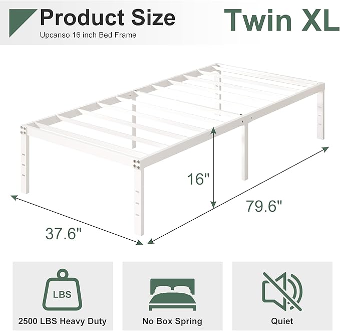 Upcanso 16 Inch White Twin XL Bed Frames, Metal Platform Twin XL Bed Frame with High Storage, Eassy Assembly 2,500 lbs Heavy Duty Bedframes