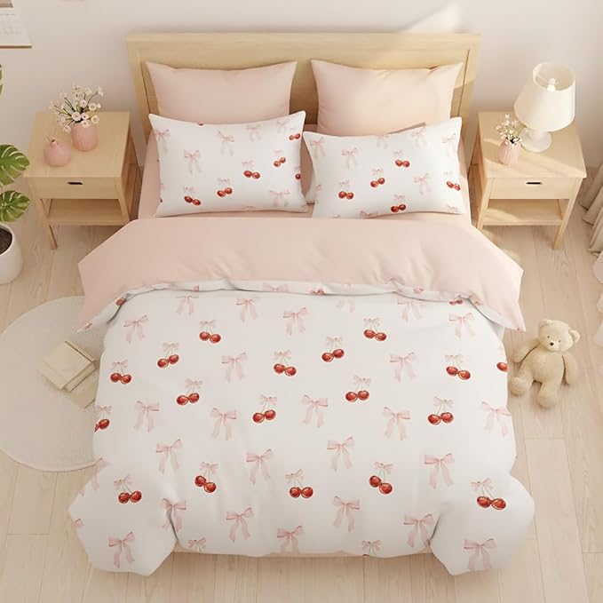 Nayoroom Pink Bow Duvet Cover Queen Size Reversible Red Cherry Duvet Cover 3 Pieces Soft Lightweight Microfiber Kids Girls Cute Aesthetic Dorm Bedding Set