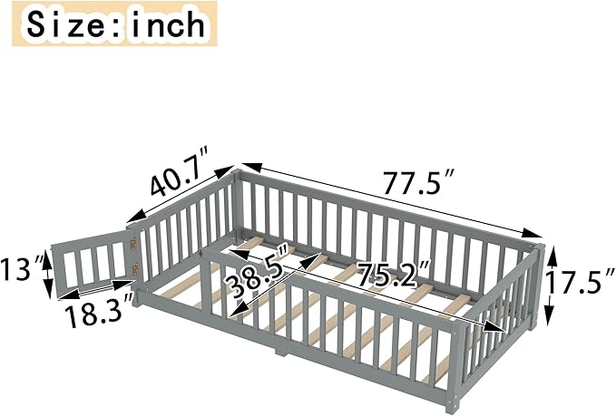 Bellemave Twin Floor Bed with Slats and Safety Guardrails, Kids Montessori Floor Beds with Fence and Door, Easy Assemble Floor Bed for Kids, Girls, Boys, Gray