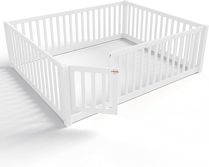 Bellemave Full Size Montessori Floor Bed with 23.5" High Rails, Pine,Plywood Full Floor Bed with Small Door, White