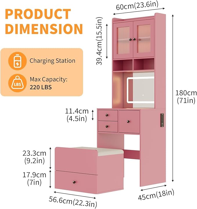 3-in-1 Make Up Vanity Desk with Mirror & Lights, Compact Vanity Table with Drawers, Storage Compartment and Rolling Stool, Modern Small Makeup Vanity and Storage Chair for Bedroom, Powder Room