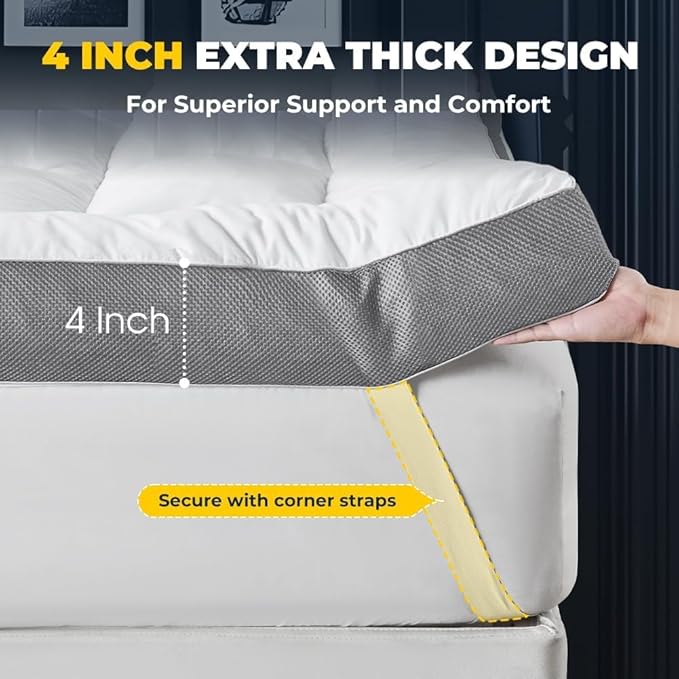 HYPREST 4 Inch Memory Foam Mattress Topper King, Thick Cooling Cotton Pillow Top Mattress Topper with 2000 GSM Shredded Memory Foam - Soft & Supportive for Back Pain Relief, Non-Slip Bottom
