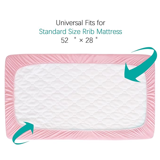 Crib Mattress Protector Sheets Fitted Waterproof Crib Mattress Pad Cover, Noiseless & Machine Wash 100% Absorbent Crib/Toddler Mattress Protector Sheet Quilted, Pink, 52" x 28"