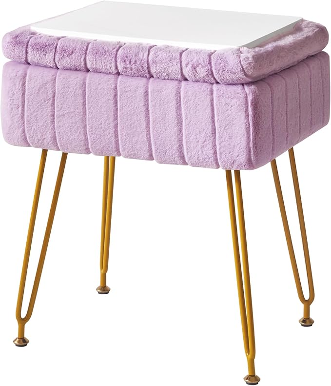 IBUYKE Stool Chair with Storage Space, Footrest Footstool Ottoman, Small Side Table, with 4 Metal Legs, with Anti-Slip Feet, for Makeup Room, Bedroom, Purple LG-50V